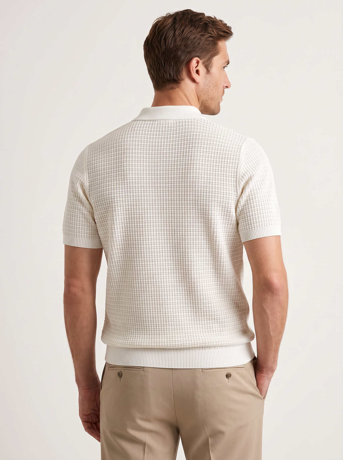 White Geometric Textured Zipper Polo