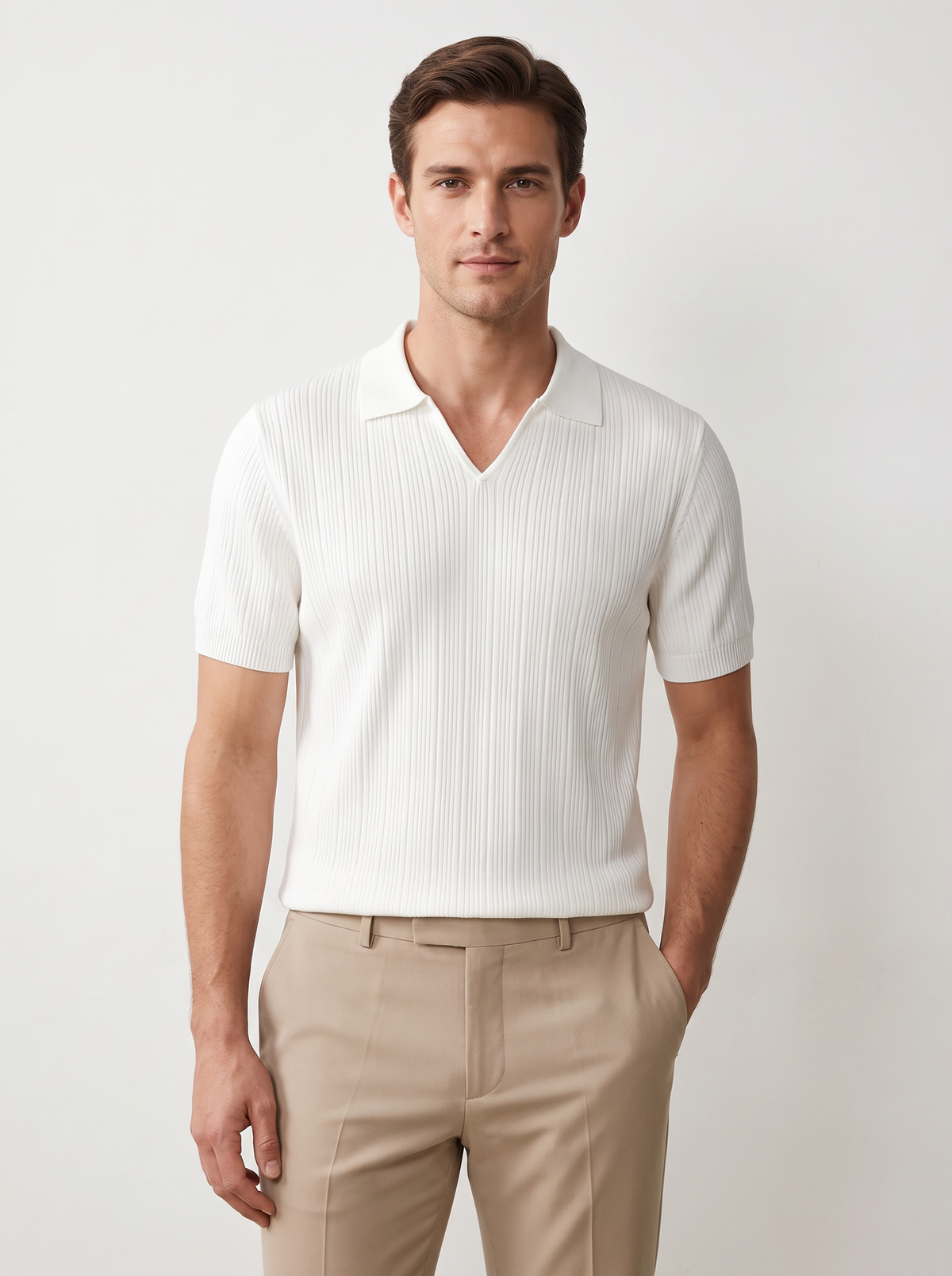 White Open Collar Ribbed Polo