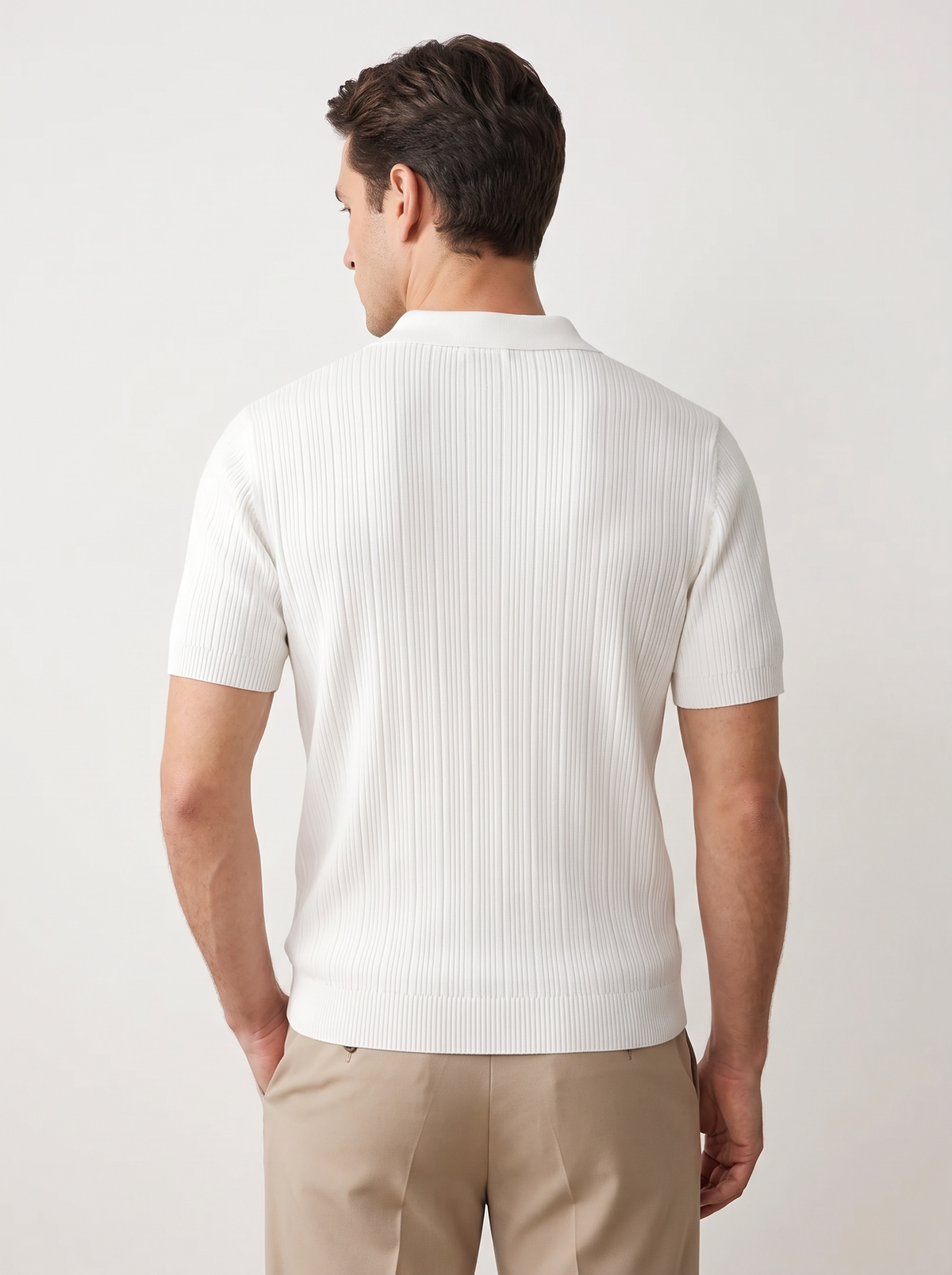 White Open Collar Ribbed Polo