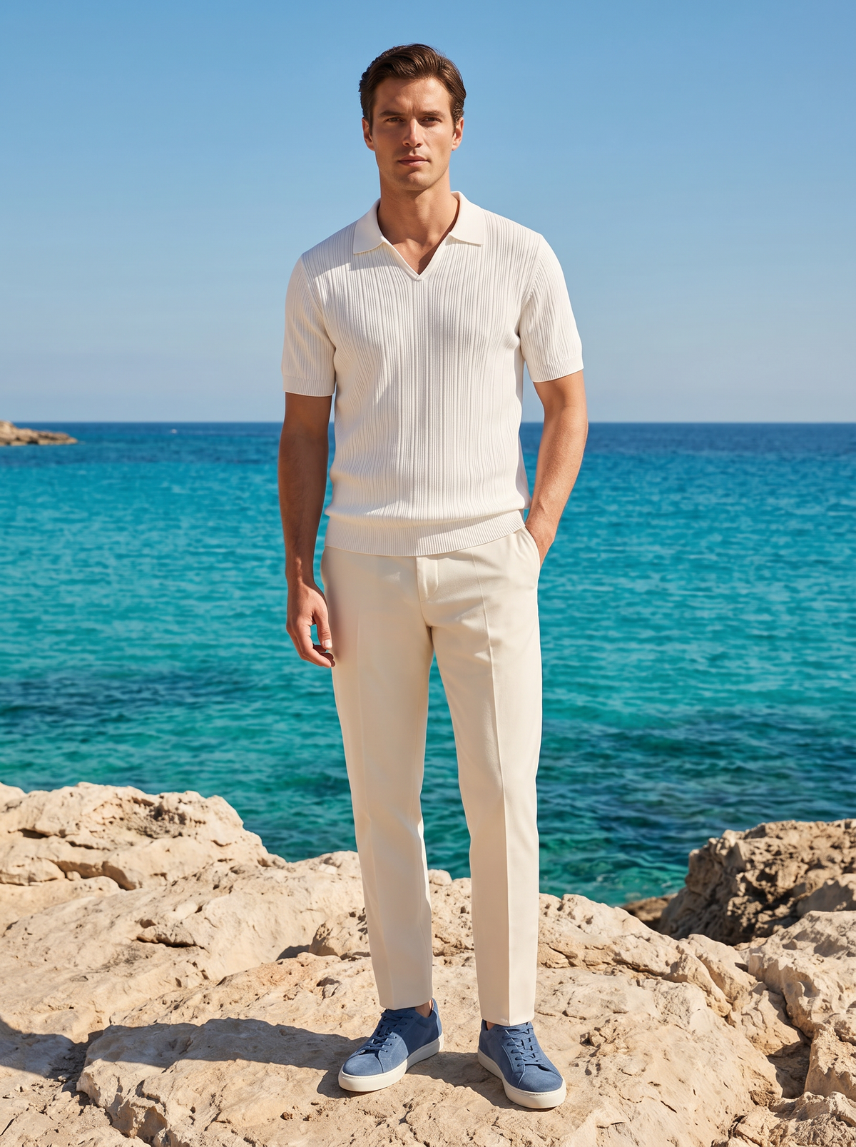 White Open Collar Ribbed Polo
