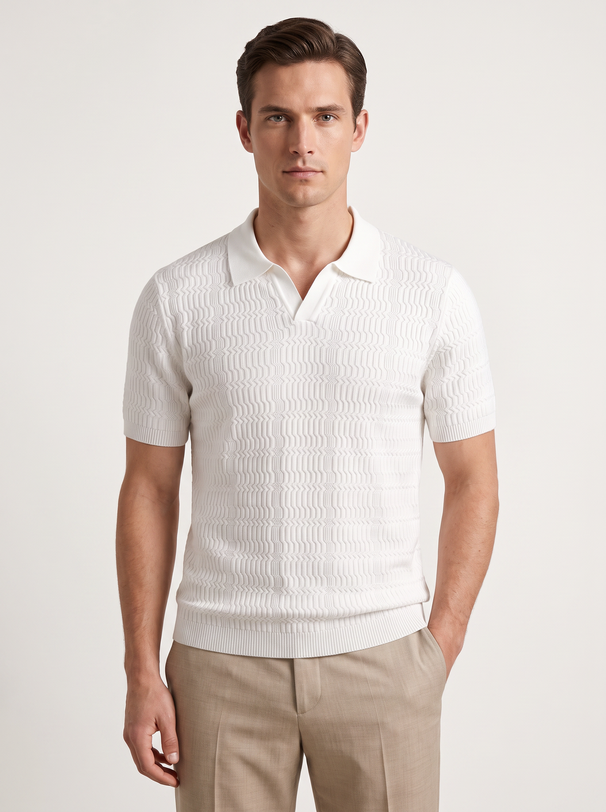 White Patterned Knit Buttonless Polo