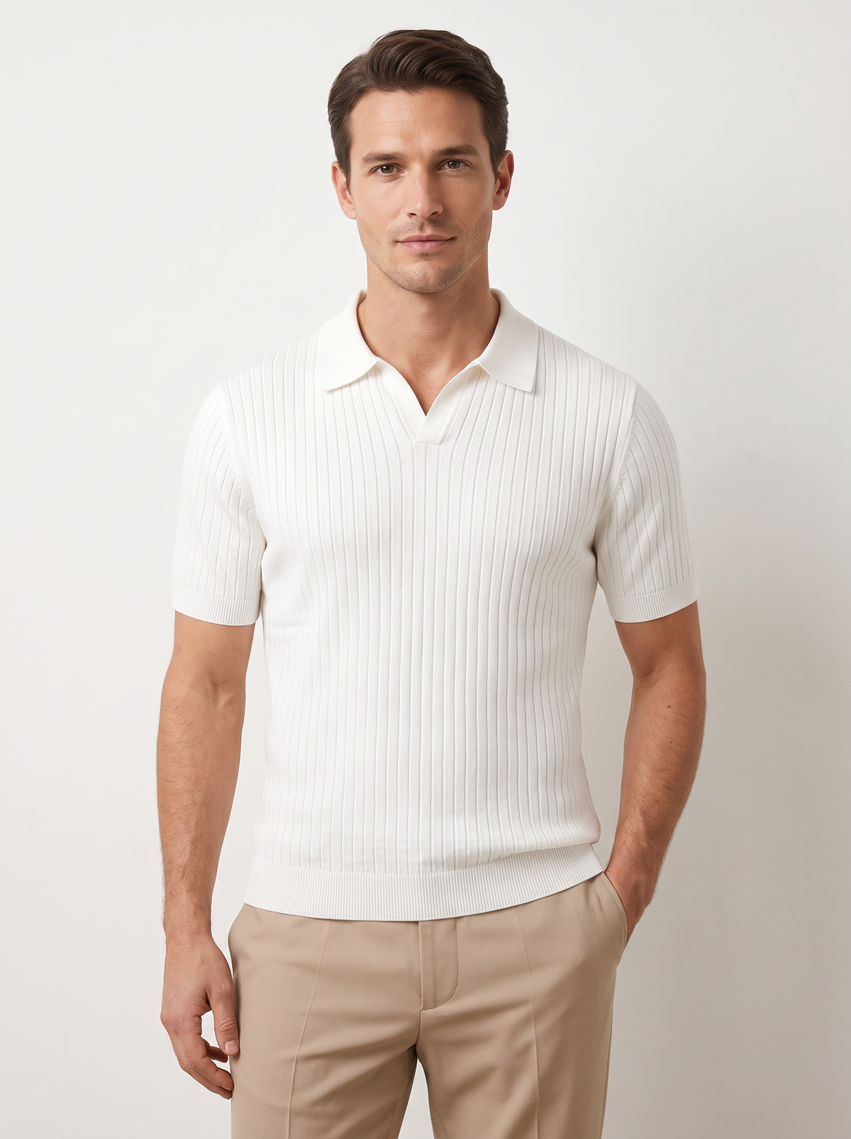 White Ribbed Buttonless Polo