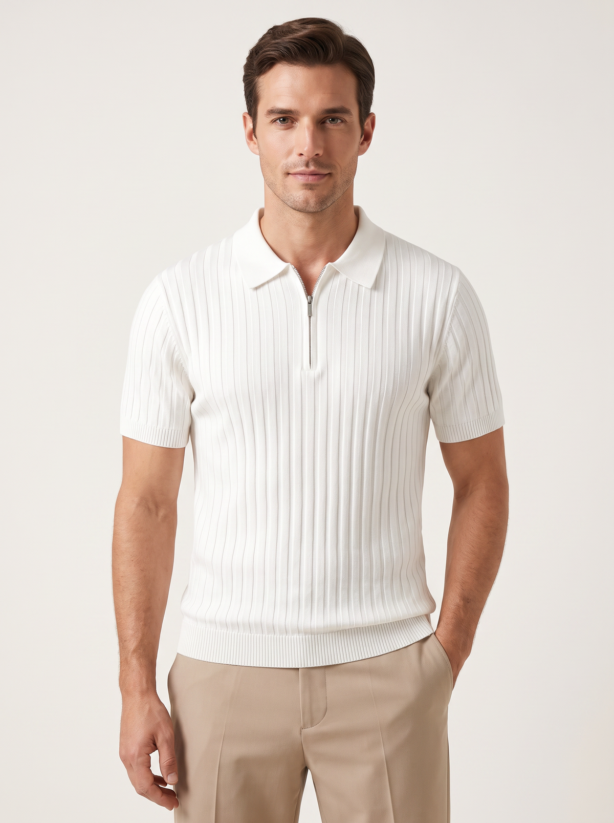 White Ribbed Zipper Polo