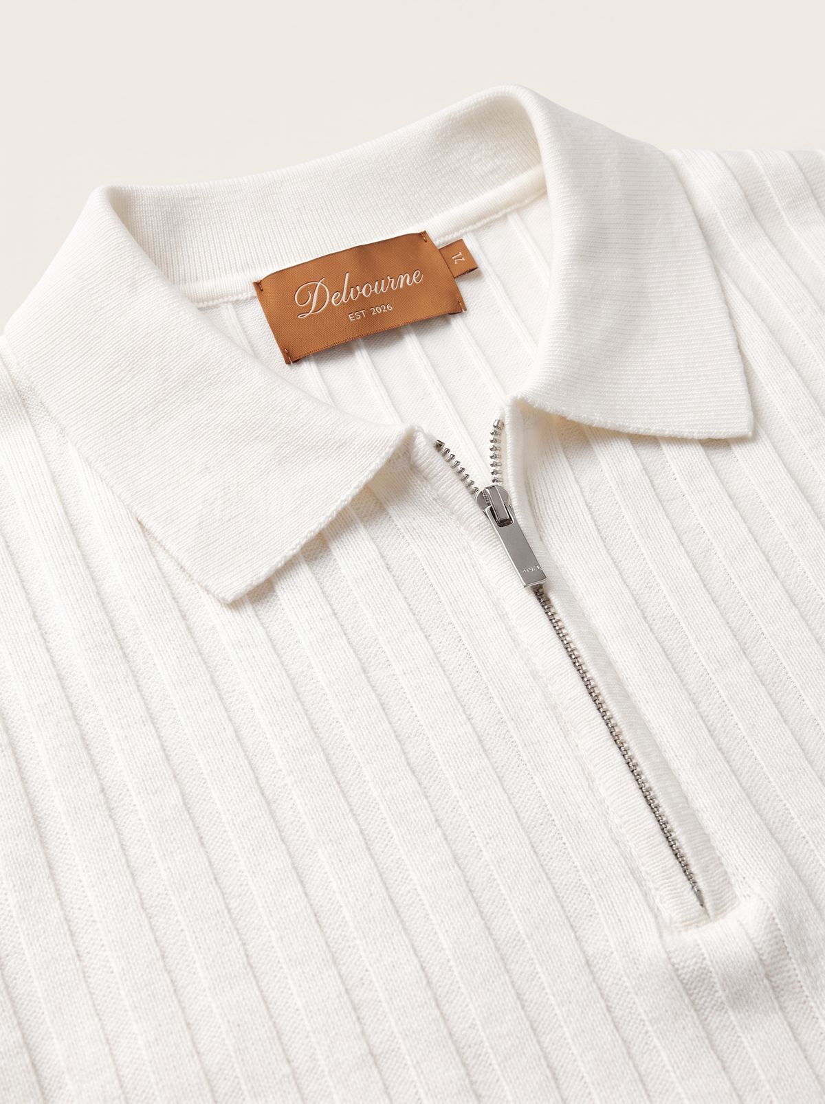 White Ribbed Zipper Polo
