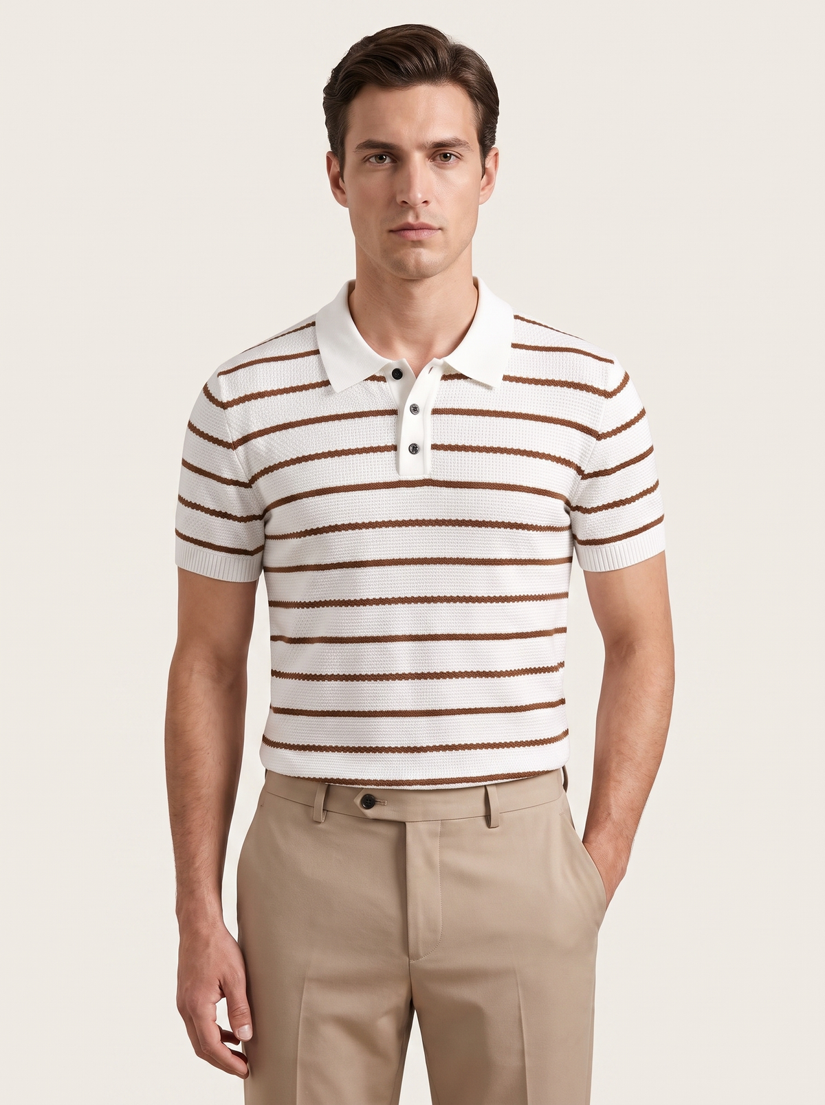 White Striped Textured Button Polo