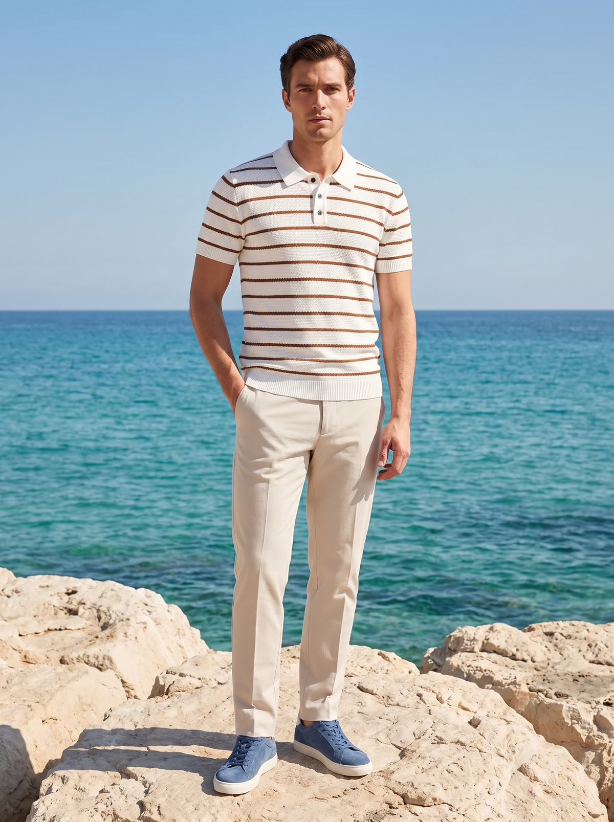 White Striped Textured Button Polo