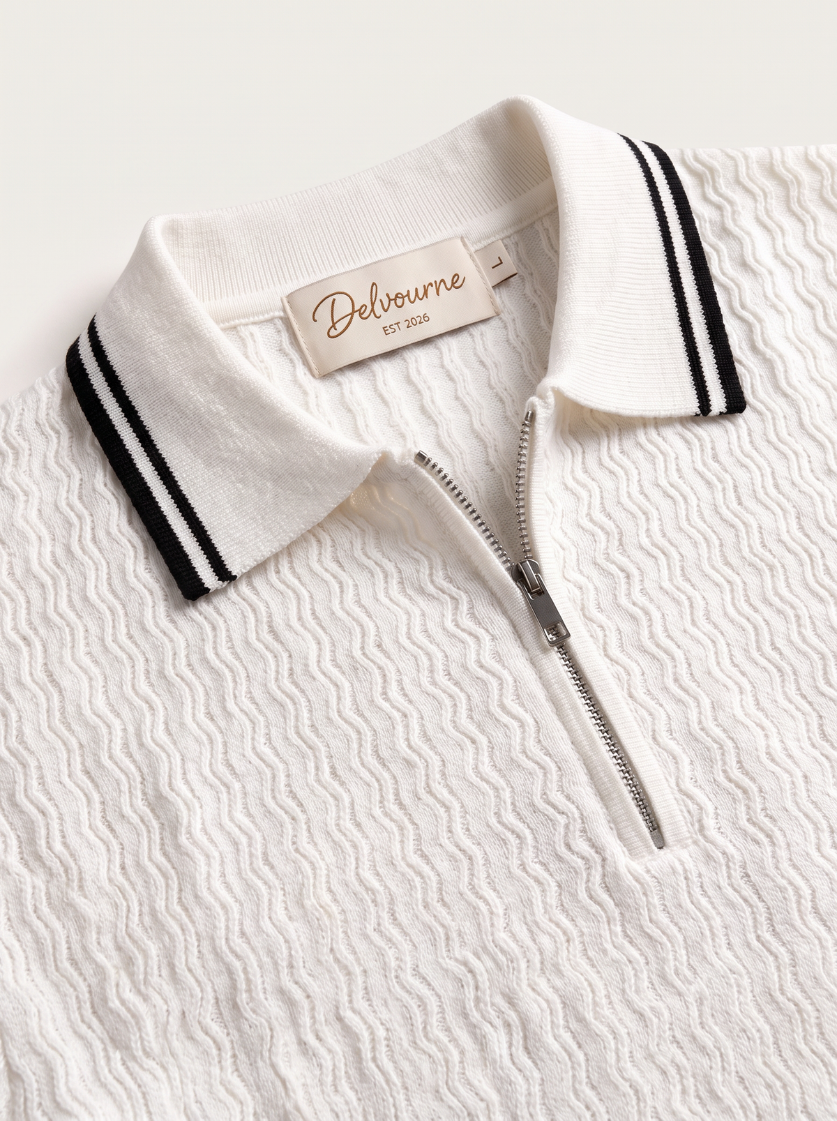 White Wavy Textured Zipper Polo
