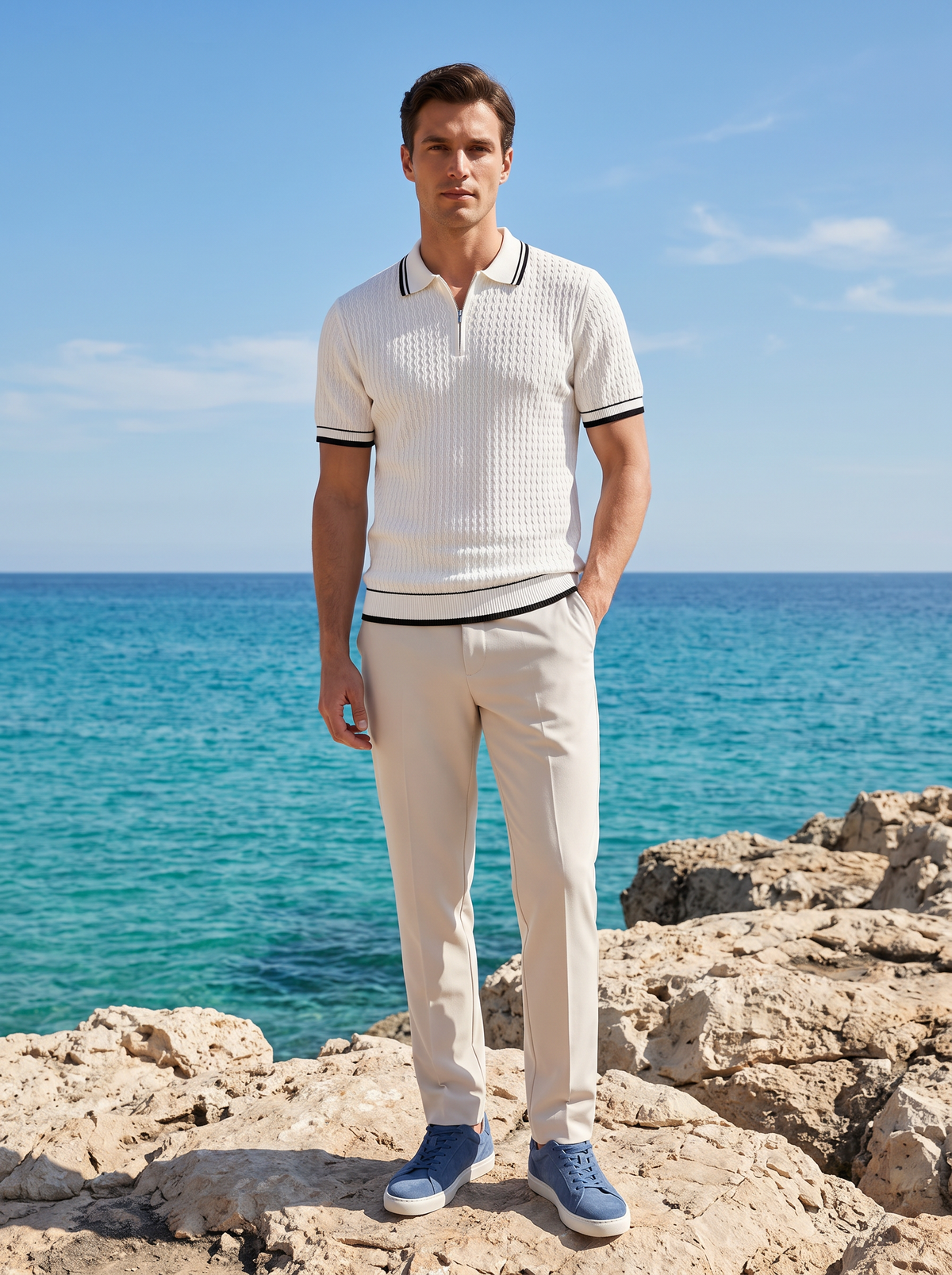 White Wavy Textured Zipper Polo