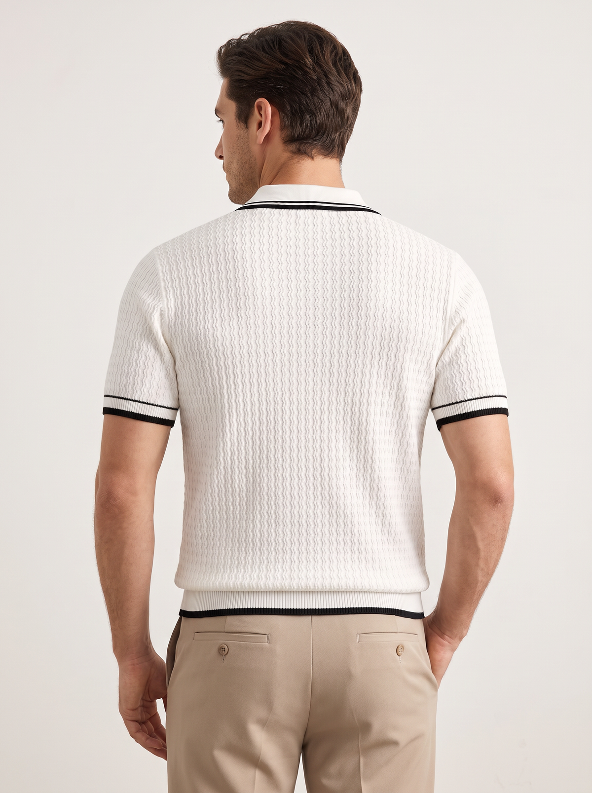 White Wavy Textured Zipper Polo