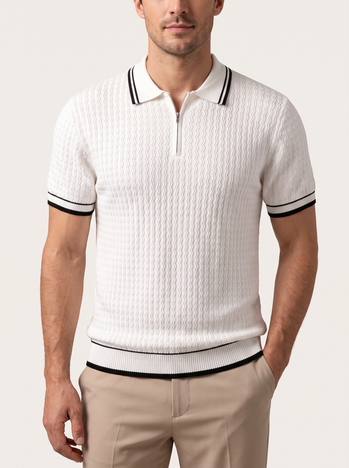 White Wavy Textured Zipper Polo